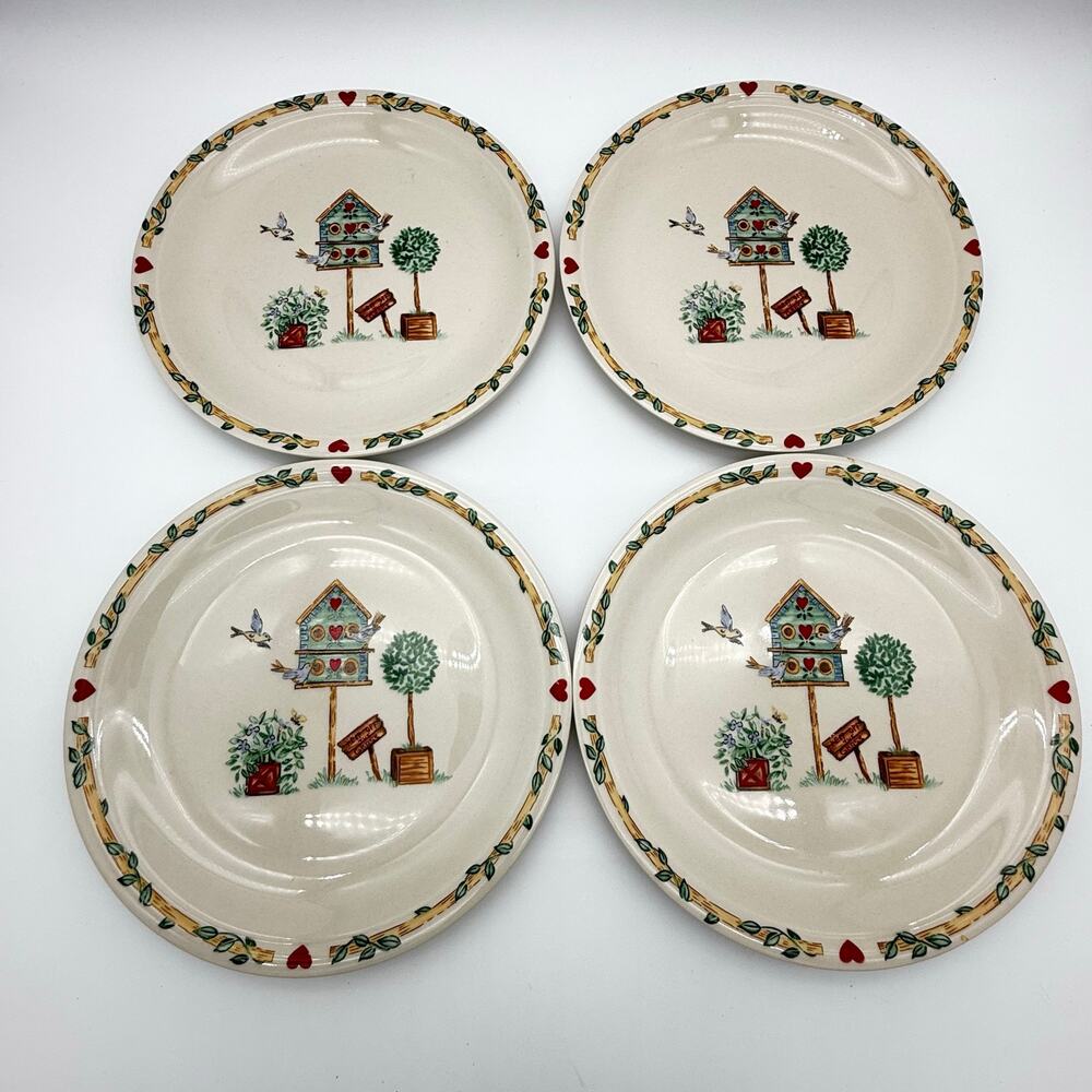 Hand-Painted Birdhouse Ceramic Serving Plates - Cream and Green (Set) - Picture 3 of 13
